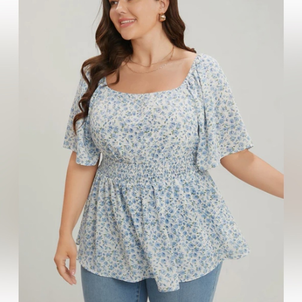 BloomChic Ditsy Floral Ruffle Sleeve Shirred Square Neck Blouse